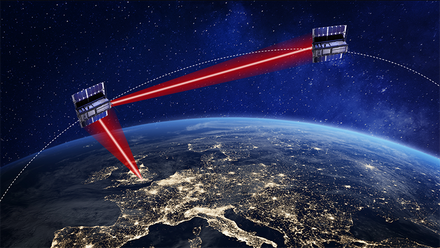Artist's impression of laser-based communications between cubesats in space Credit Northumbria University .png