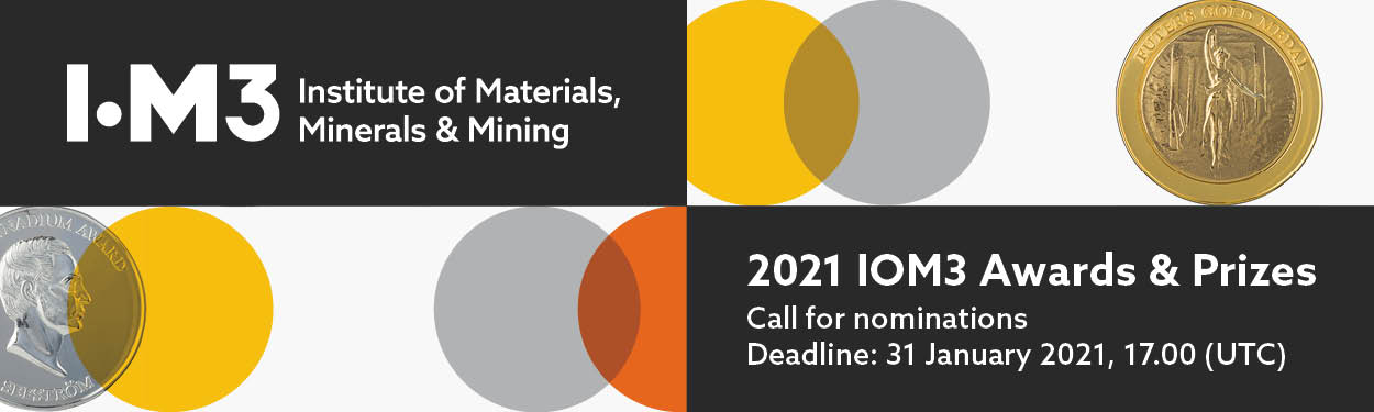 IOM3 awards banner 2021 background of coloured double circles with black rectangles with text in the upper left and lower right corners,