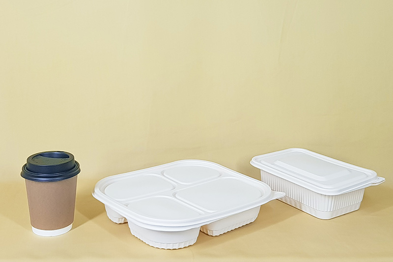 Paper cup with black lid to the left, centre is a white bento type food tray with lid and left a white container with lid