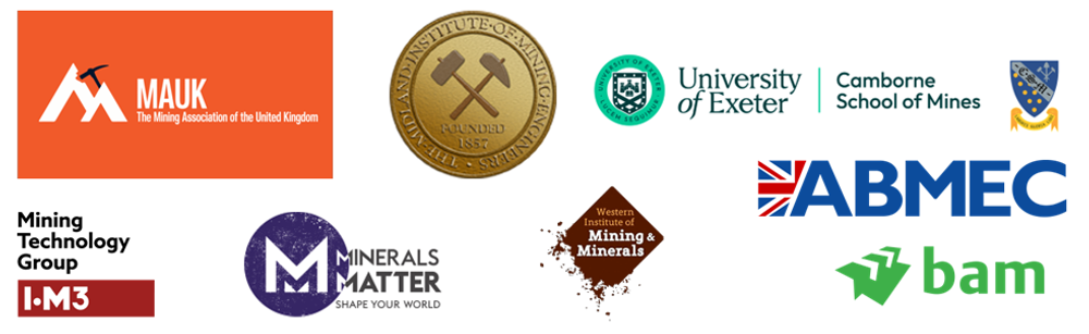 Sponsor logos for 2026 Mining Masterclass, MAUK, ABMEC, MIME, WIMM, University of Exeter CSM, and BAM