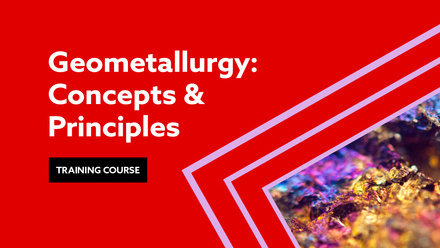 Red and lilac background with macrophotograph of gold, purple and blue crystals and Geometallurgy Concepts and Principles training course text