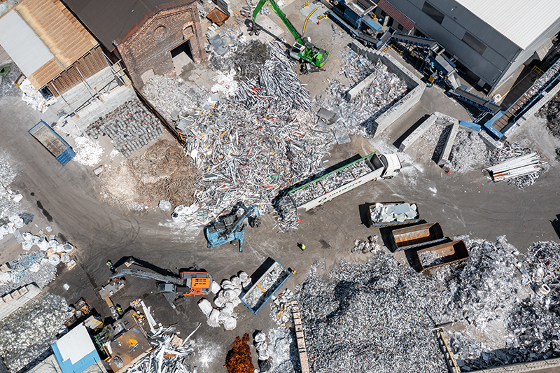 Stock aerial view of an aluminium recycling plant