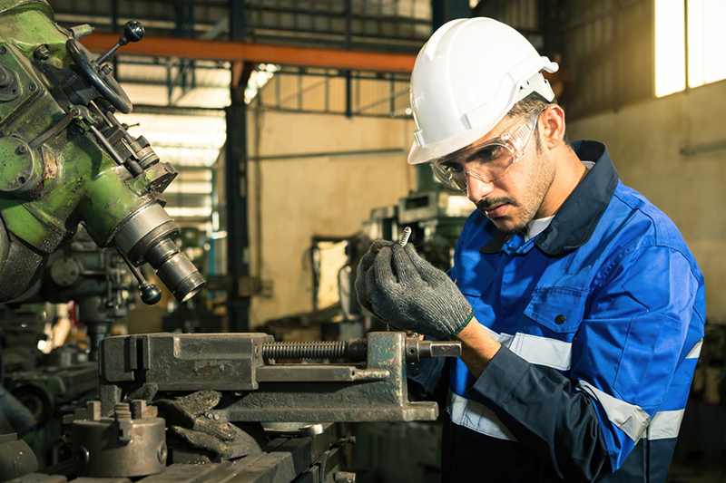 A worker in a factory wearing a helmet, goggles and overalls inspects a small metal part, possibly a screw, while using a large machining tool
