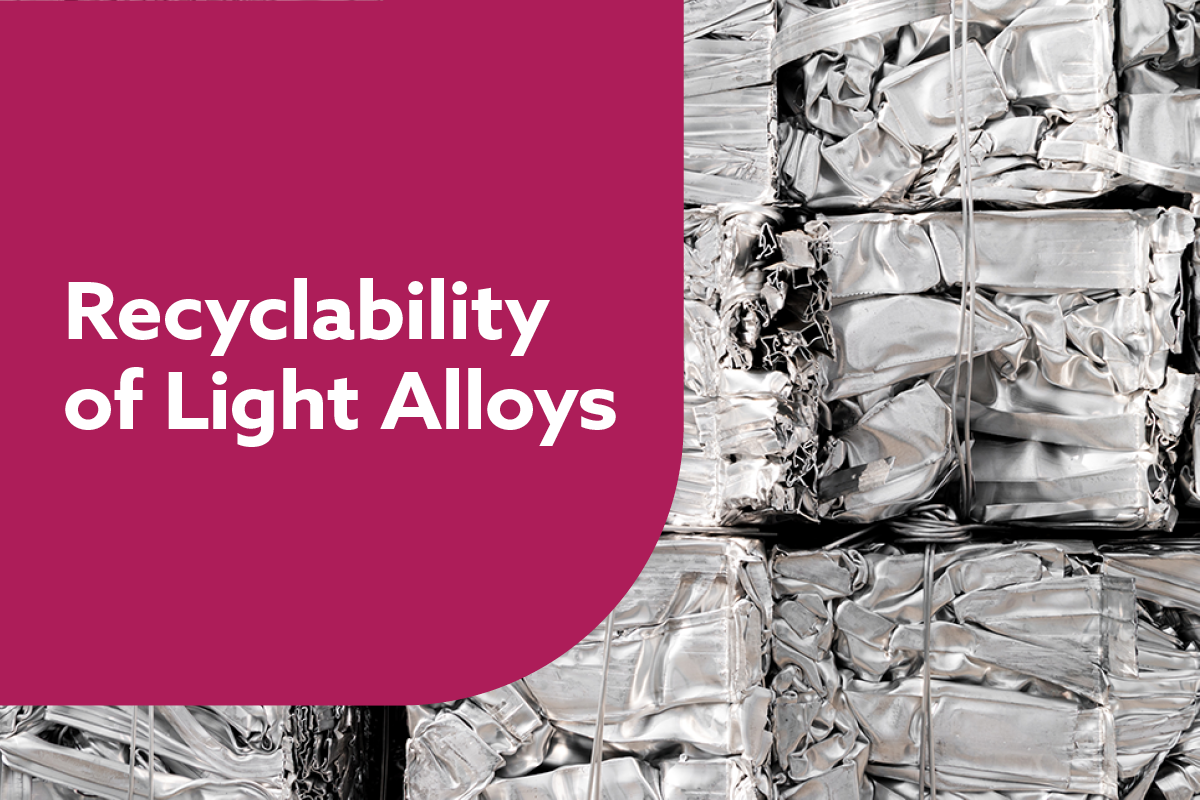 red curved block with whites text "recyclability of light alloys" over image of baled metals