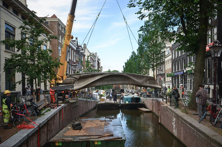 3D-printed steel bridge installed in Amsterdam, the Netherlands