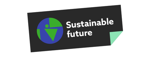 Sustainable future tag, black with a globe and white text