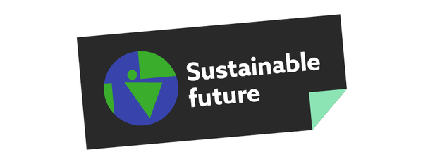 Sustainable future tag, black with a globe and white text