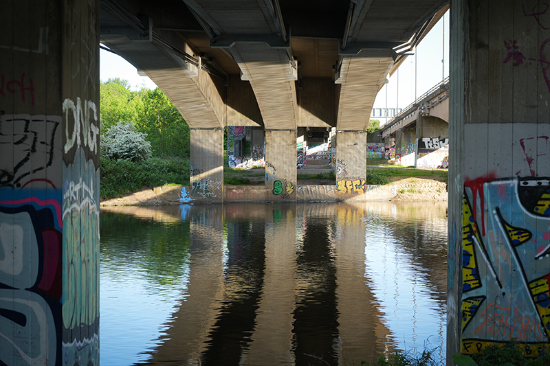 Stock image of the underneath of the Clifton Bridge in Nottingham, UK, with graffiti on the sides