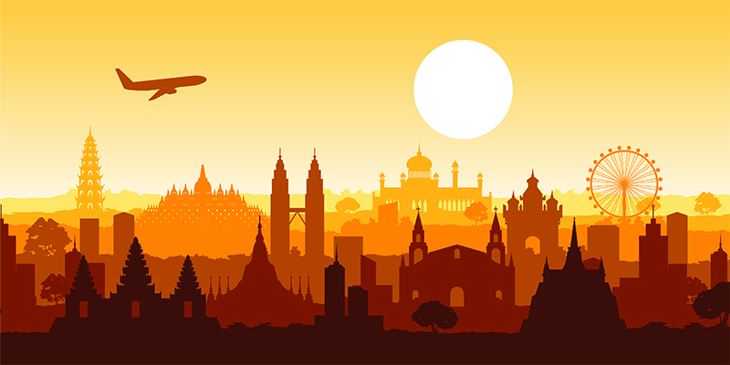 Famous landmark of southeast Asia with aircraft