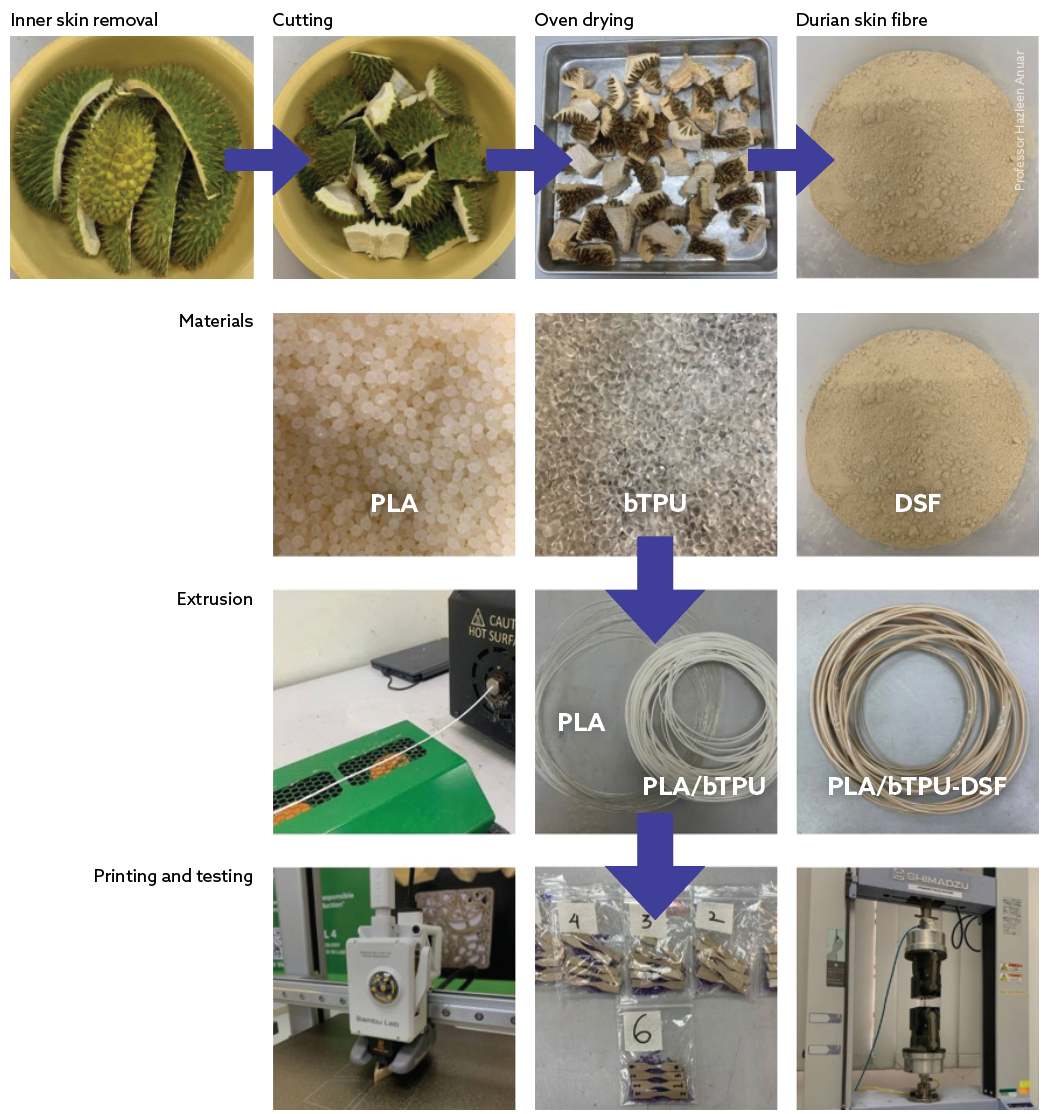 Process diagram showing how durian skins are processed to become PLA fibres