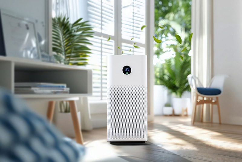 Air purifier in white living room for filter and cleaning air