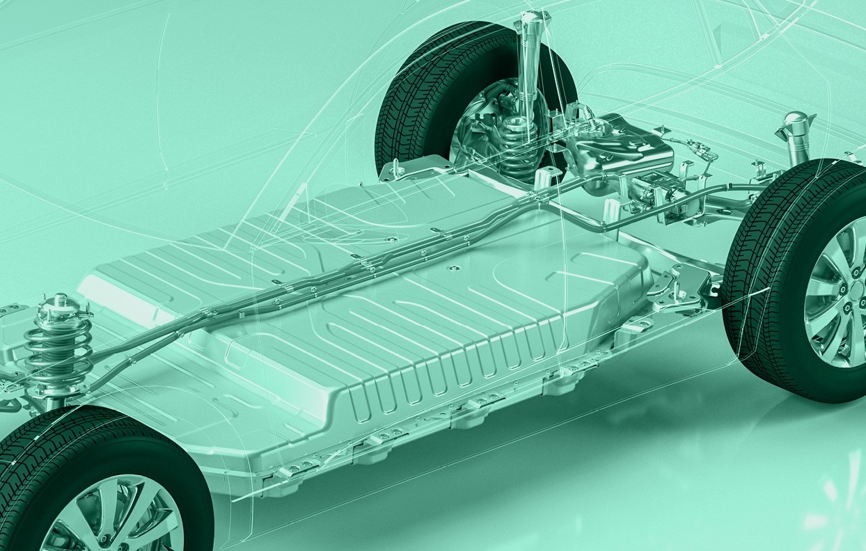 Pale geen washed image showing a car chassis angled so that three tyres are visible
