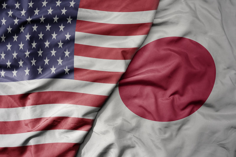 flag of united states of america and national flag of japan