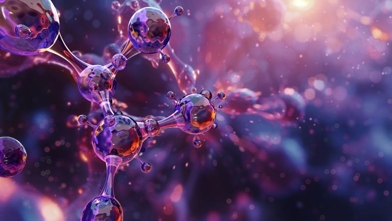 3D model of molecules. Atoms, chemical bonds, molecular nano structure. Innovation in science illustrated in a purple hue.