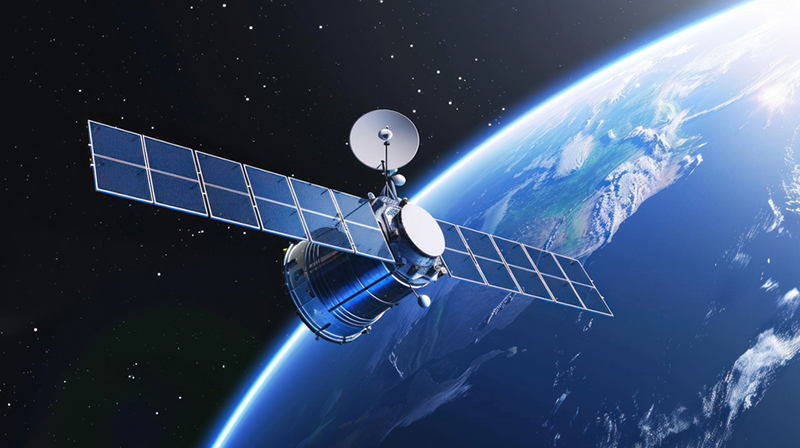 Space Communications and Telecommunications Satellite in position above Earth