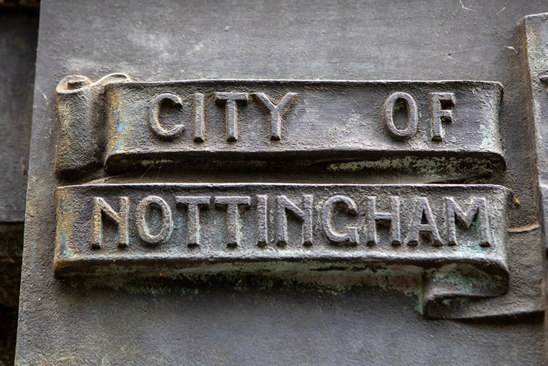Close-up of a City of Nottingham sculptured detail on a monument.