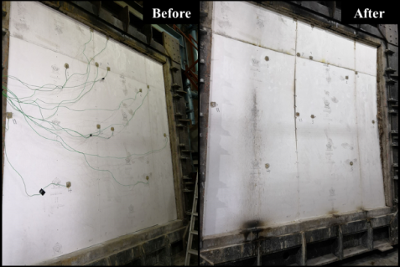 Wall configuration lined with magnesium oxychloride boards before and after one hour fire test with minimal damage observed