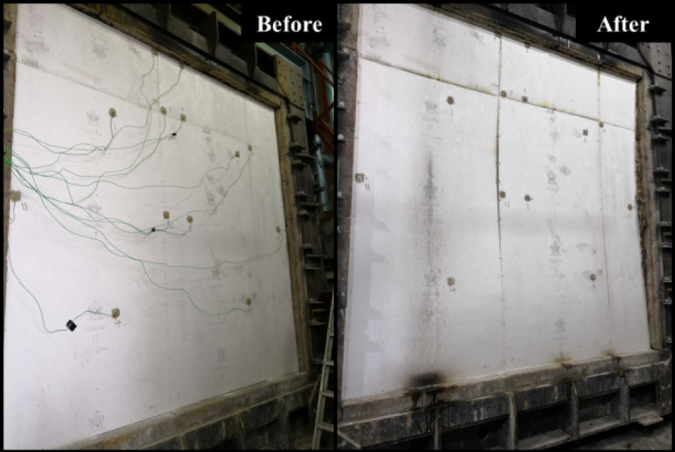 Wall configuration lined with magnesium oxychloride boards before and after one hour fire test with minimal damage observed