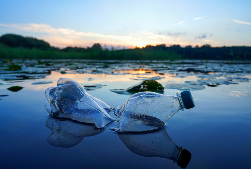 A plastic bottle floating in a body of water