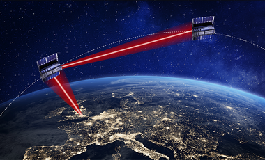 Artist's impression of laser-based communications between cubesats in space Credit Northumbria University .png