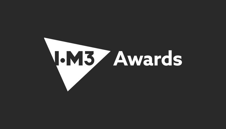 Black rectangle with the IOM3 logo in black on a white triangle and the word Awards in light grey to the right