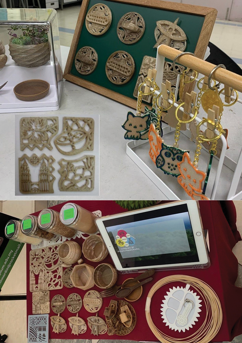Images showing 3D-printed polylactic acid/durian skin fibre biocomposite products developed as souvenirs, including coasters, keychains, and decorative items