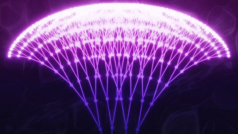 a fan like network of dots and lines in neon-purple against a black background
