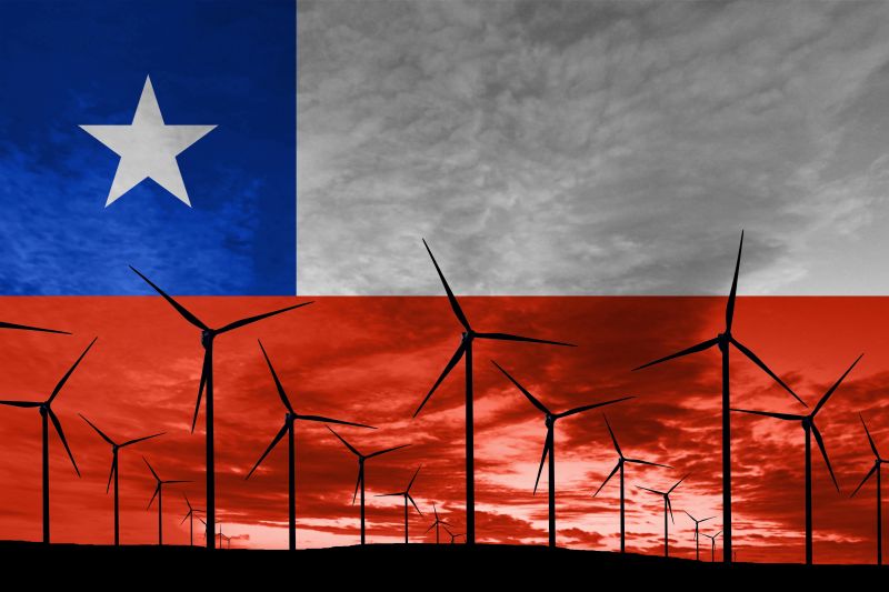 Chilean flag as a backdrop to wind farms