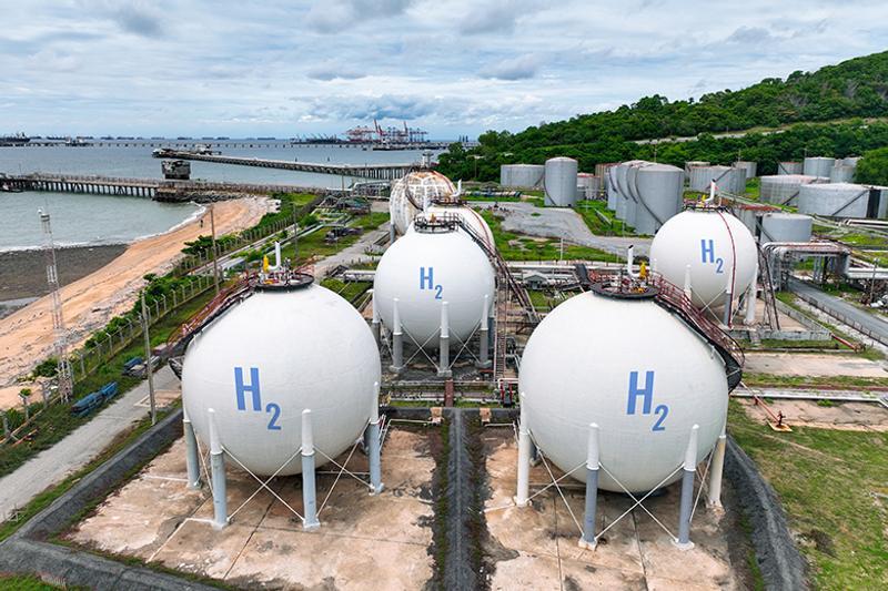 Large hydrogen tanks at a industrial port