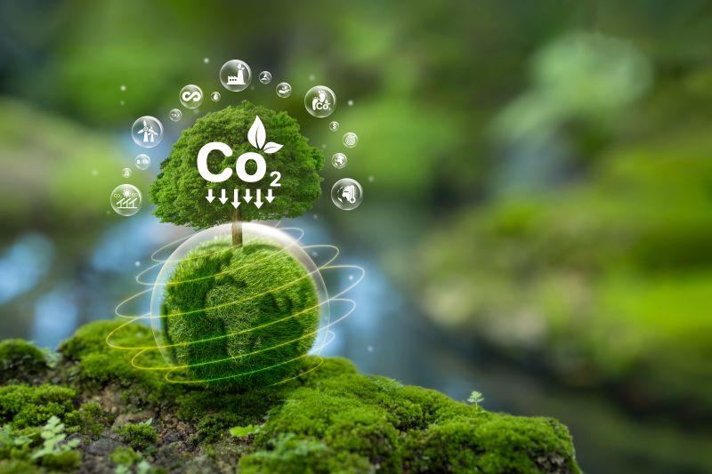 Green globe with trees for greenhouse gas emissions with neutral carbon icon pictured to represent carbon capture initiatives