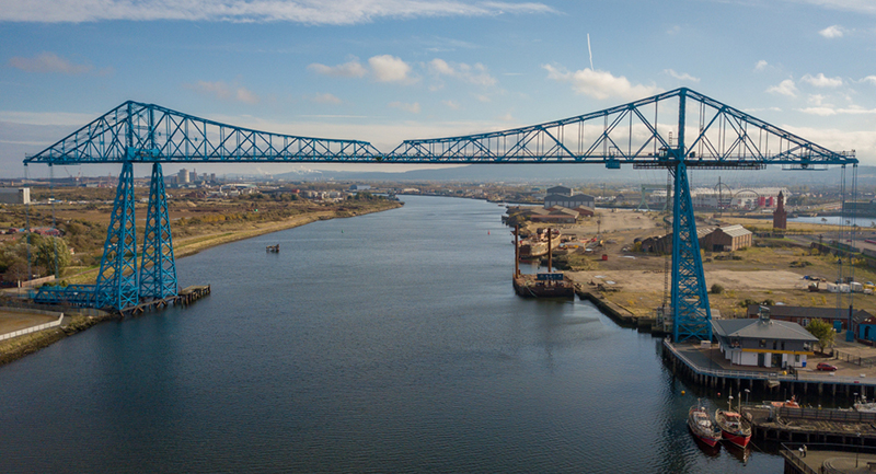 The transporter bridge that crosses the river Tees between Stockton on Tees and Middlesborough