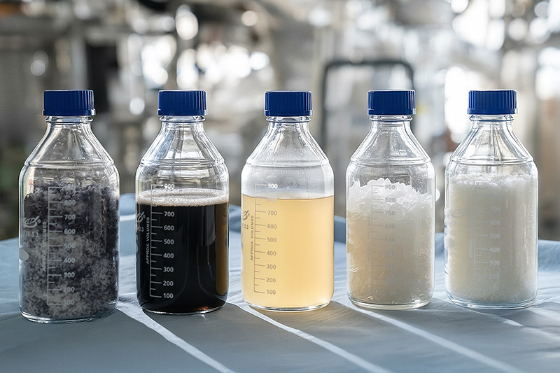 Clear plastic bottles showing constituents' of the recycling process
