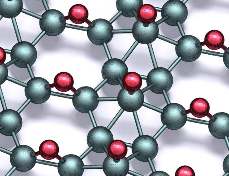 In this schematic, the teal balls represent boron and the red balls are hydrogen