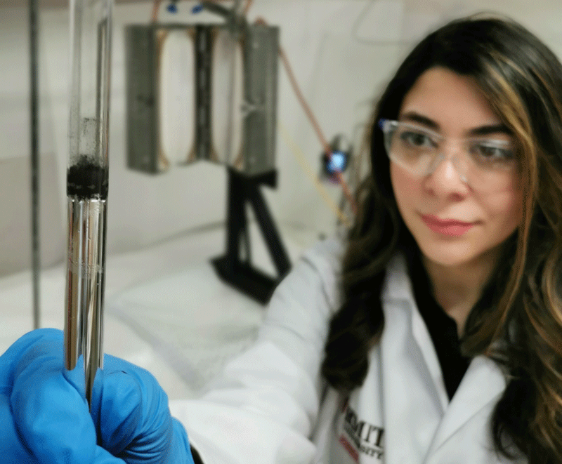 a test tube of gallium-based liquid metal, used as a catalyst to convert CO₂ into solid