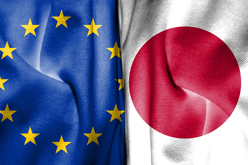 EU flag on the left and Japan flag on the right