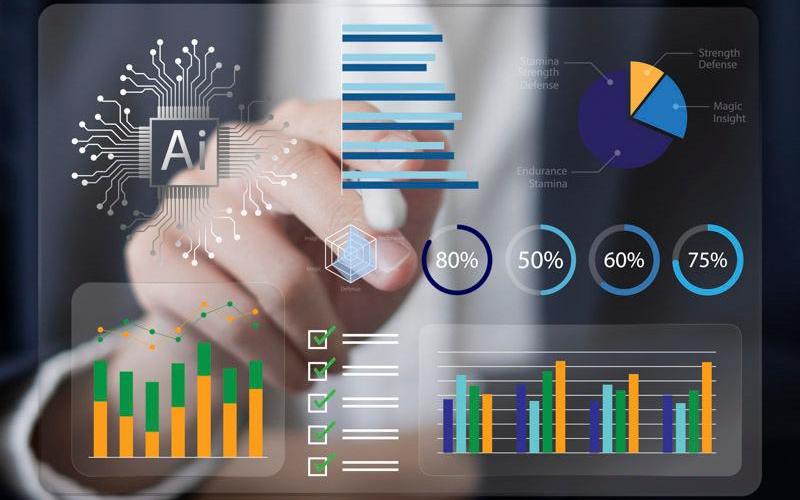 Female entrepreneur using AI in a futuristic information analysis