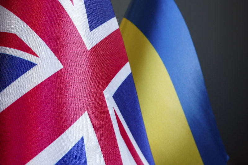 Union flag and Ukraine flag hang next to each other