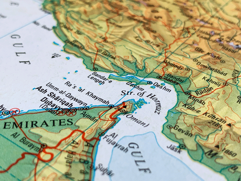 A map showing the Straight of Hormuz