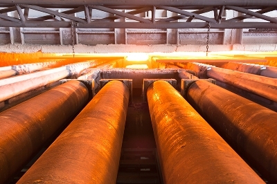 steel slabs heading away from the viewer