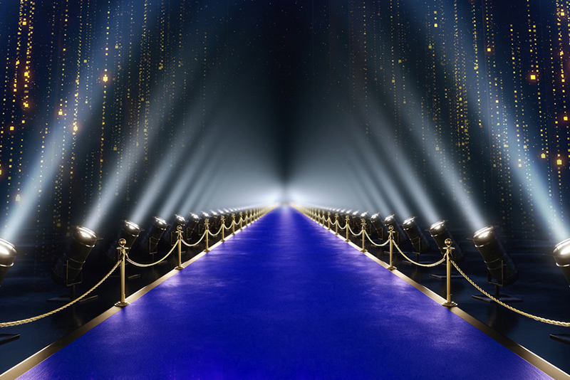 Luxury modern Blue Carpet Entry with Spot Lights Golden Falling Particles Shimmer for show recognition award night. 