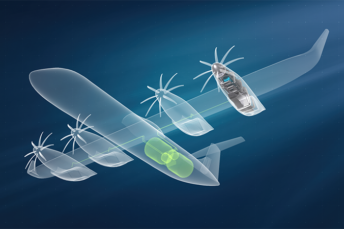A schematic/diagram of a the outline of a twin turbine plane with two highlighted large tanks positioned to the rear of the fuselage, taking up most of the volume of it