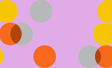 lilac background with overlapping circles scattered accross, the circles are grey, orange and yellow