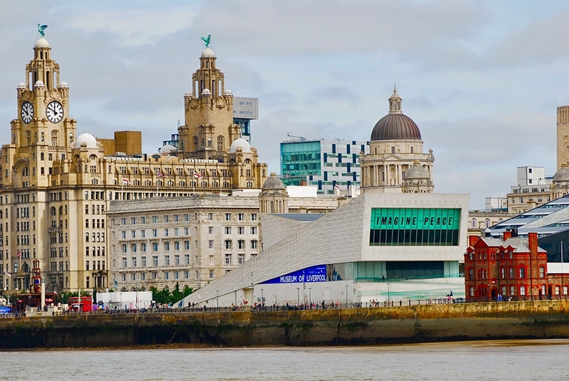 The Liver building and pier head, Liverpool, UK