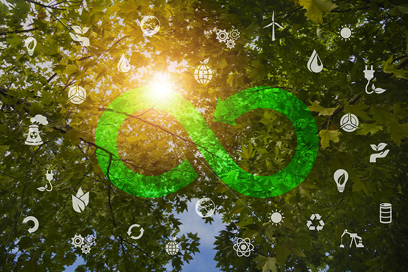 Stock image of a 'circular economy' arrows icon against a background of trees and surrounded by translucent industry icons
