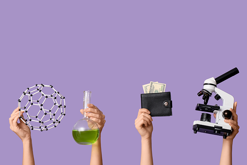 Hands holding buckyballs, a beaker of liquid, a wallet with money in it, and a microscope