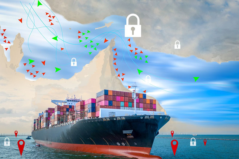 Global trade disruption concept with container ships blocked from entering or exiting the Strait of Hormuz