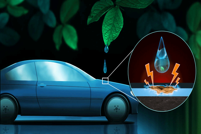 A cartoon car with a drop of water falling on it from a leaf