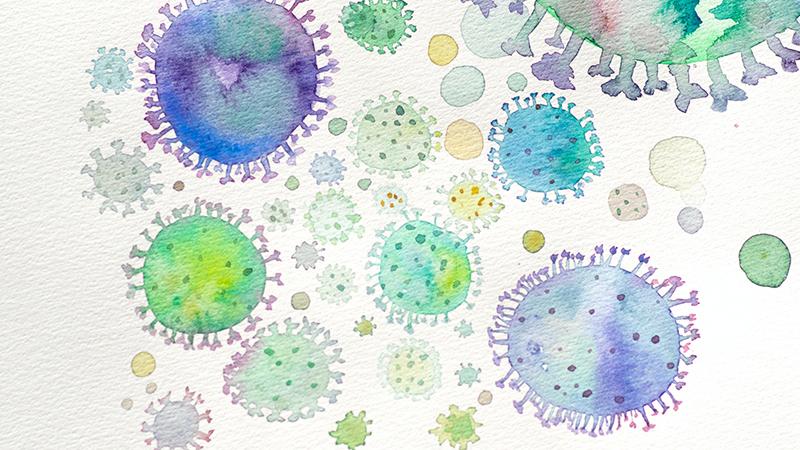 painting showing virus cells as coloured circles with stalk -like protrusions