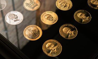 angled view of display case of IOM3 medals, three rows are visible leading off to the top right corner