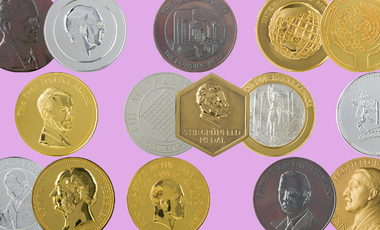lilac background with overlapping IOM3 medals scattered accross